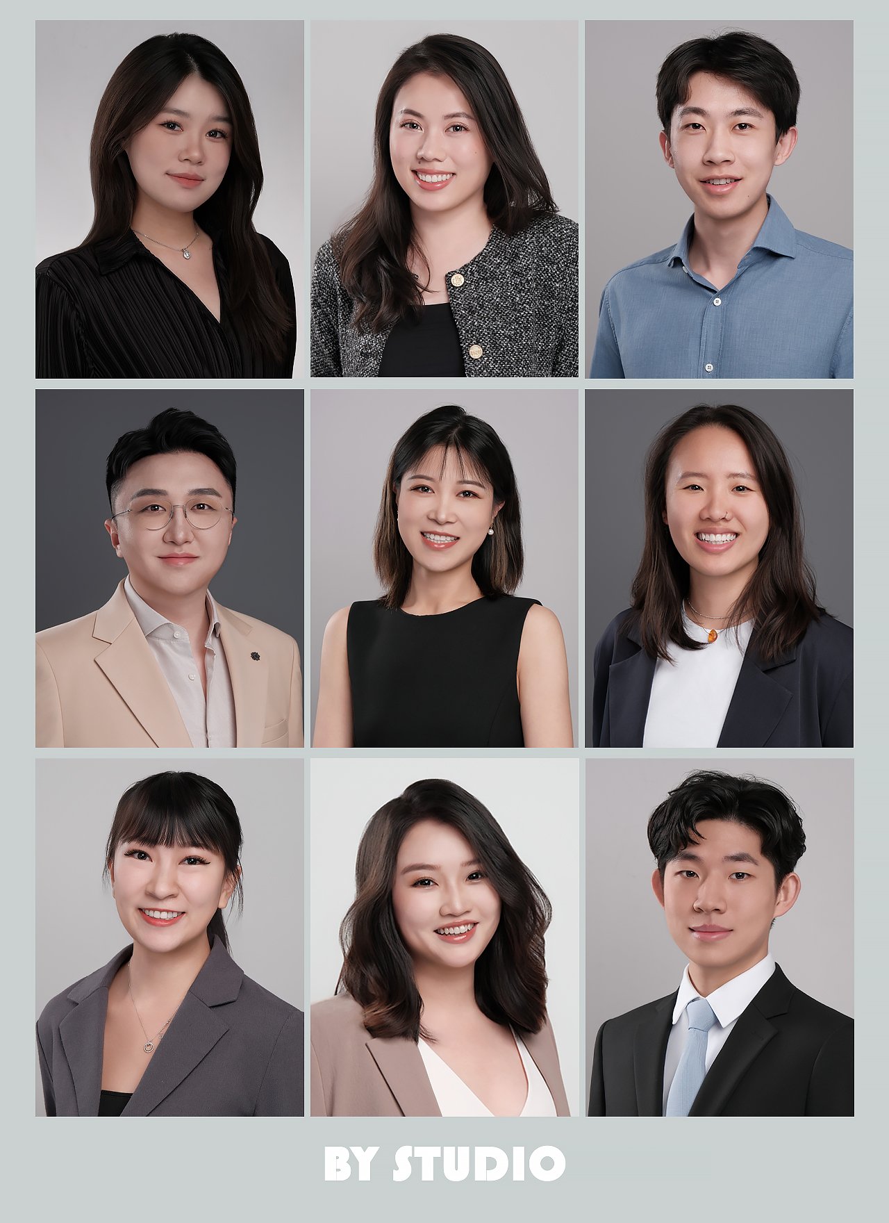 A collage of nine professional headshots of diverse young adults, with nine women and three men, all smiling and dressed in business or smart casual attire, set against simple, neutral backgrounds, with the text 'BY STUDIO' at the bottom.